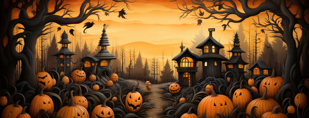 Halloween village with carved pumpkins and bare trees