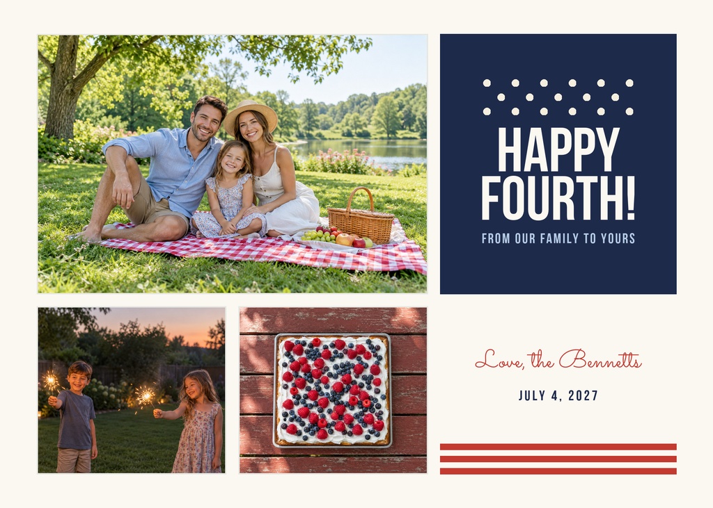 Landscape greeting card with family photos, fireworks dots, and Happy Fourth text on a navy panel