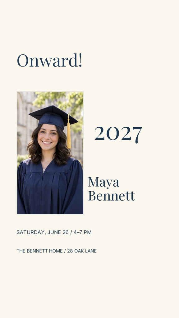 Graduation story opener with a portrait of a smiling graduate in cap and gown and the text Onward 2027.