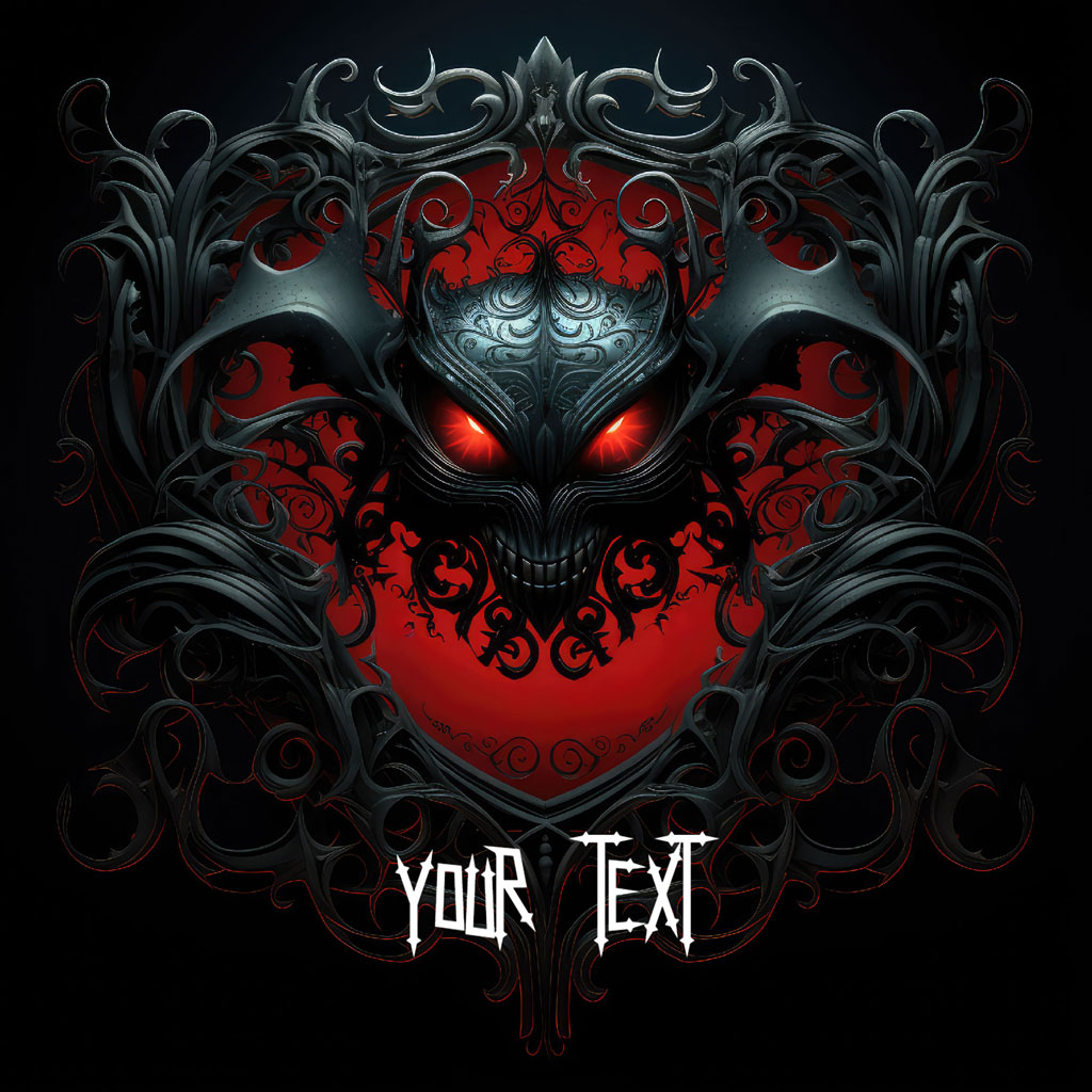Ornate skull with red eyes and 'YOUR TEXT' placeholder