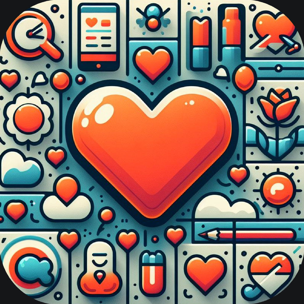 A large orange heart surrounded by various heart-themed icons and design elements
