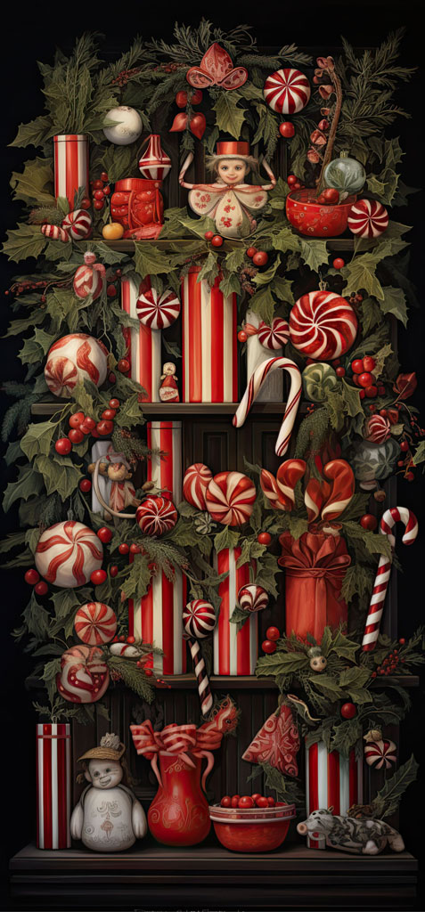 A festive holiday display with candy canes, holly, and red and white decorations.