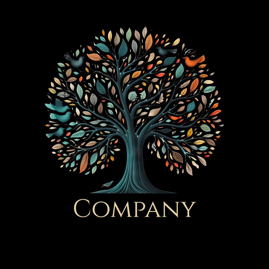 Stylized tree logo with multicolored leaves