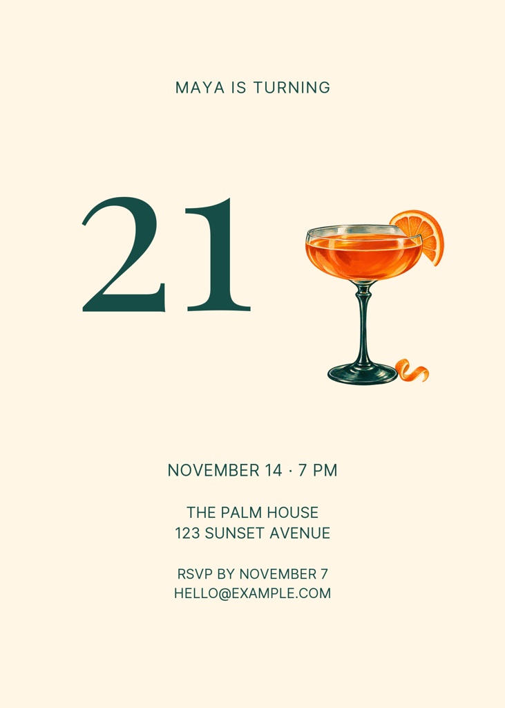 Minimalist 21st birthday invitation with a large 21 and a cocktail glass with orange garnish.