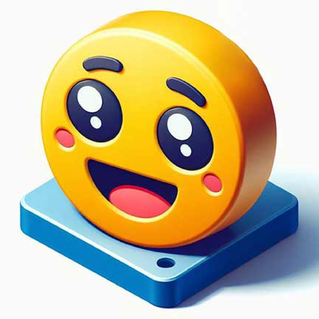 3D yellow smiling emoji on a blue square base with a surprised expression