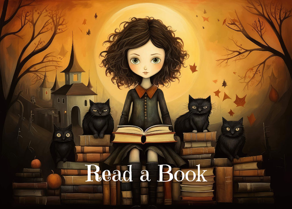 A cartoon girl with curly hair reading a book on a stack of books surrounded by black cats and autumn leaves.