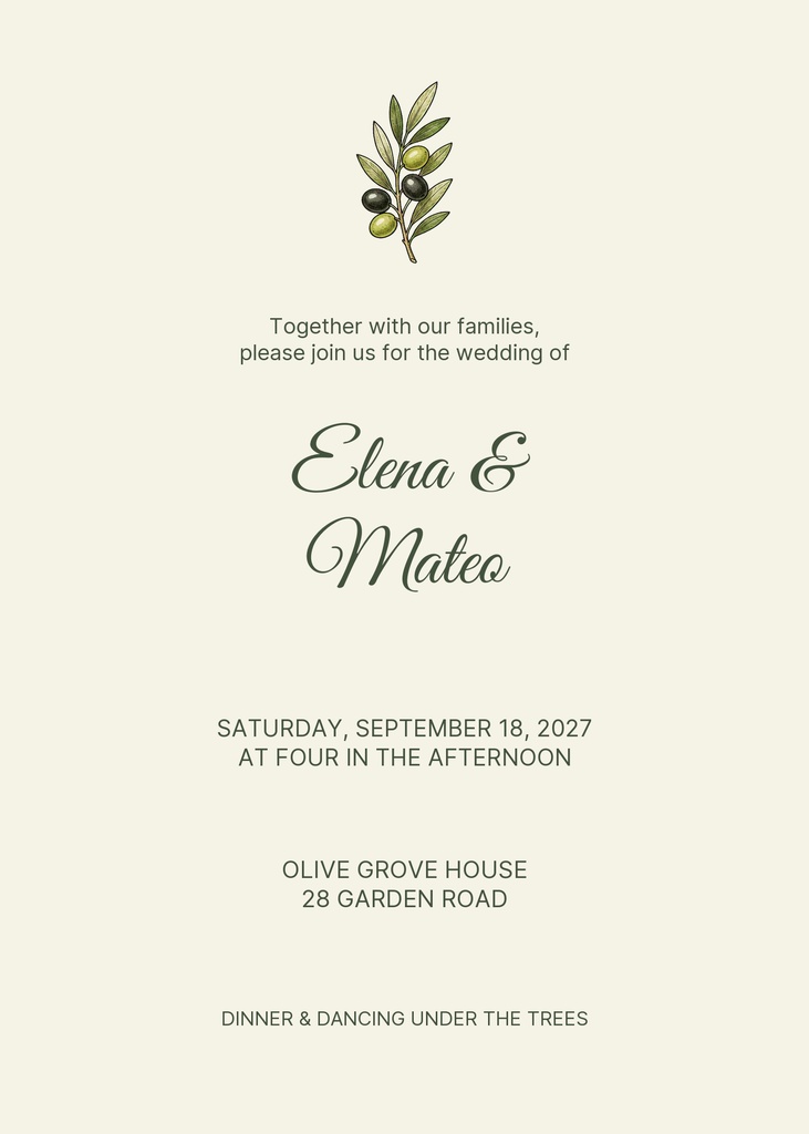Preview for Under The Olive Trees 5 × 7 Invitation Template