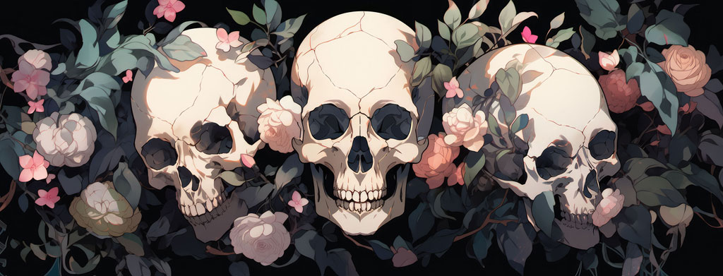 Three skulls in a floral arrangement with leaves and roses