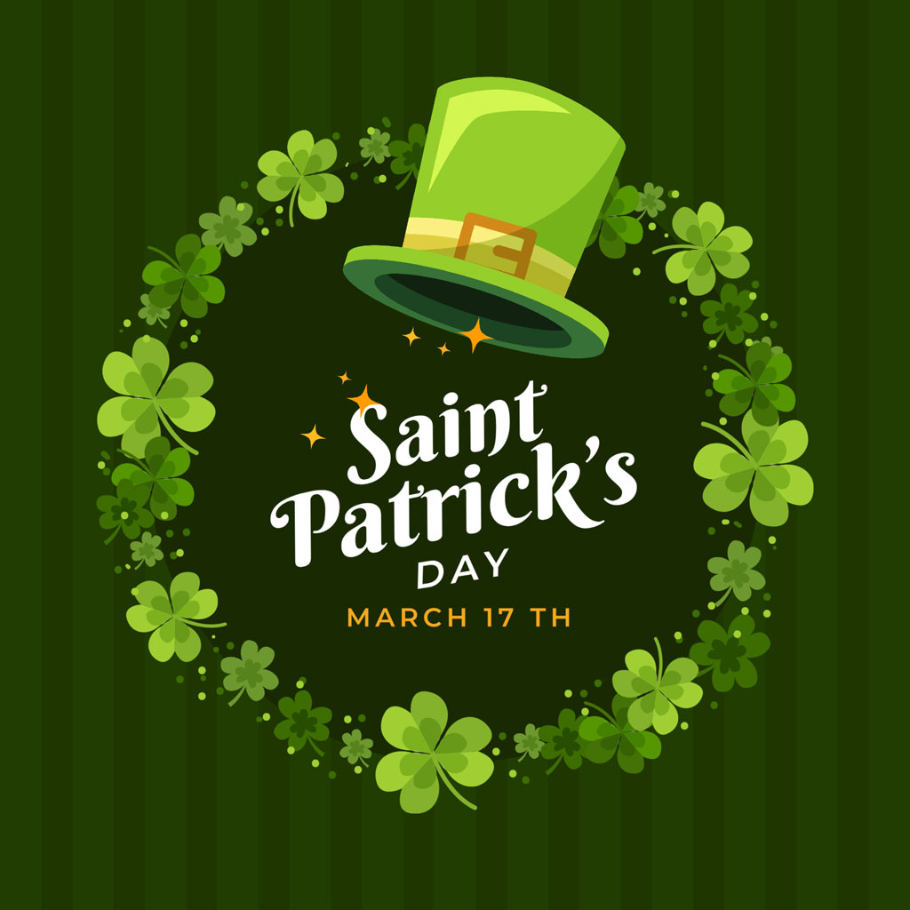 Saint Patrick's Day graphic with shamrocks and a green top hat