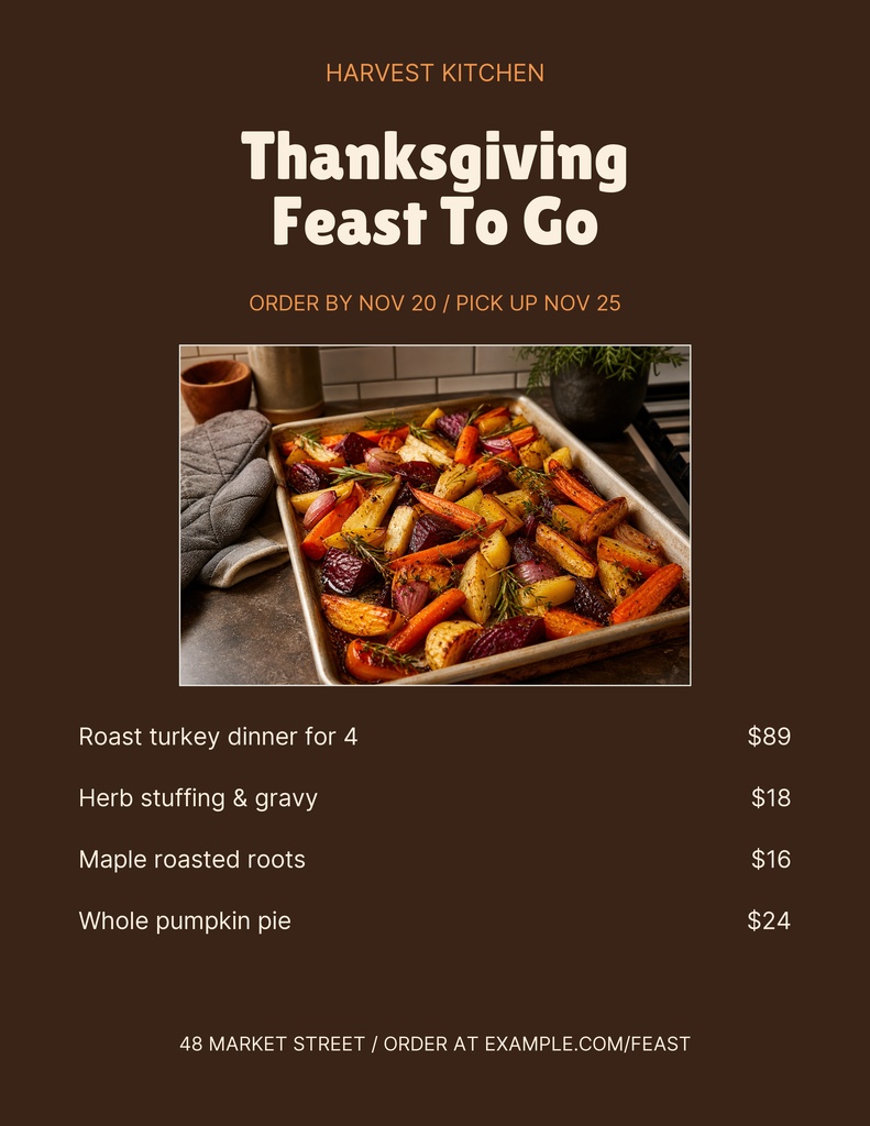 Preview for Thanksgiving Feast To Go Letter Menu / Price List Template