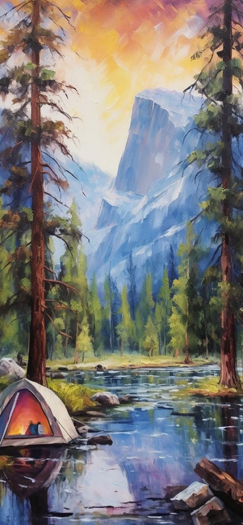 Painting of a tent by a river with mountains and trees