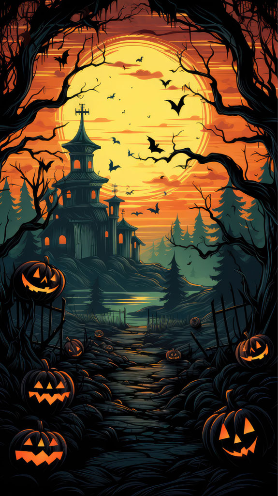 A spooky Halloween night scene with a haunted house and jack-o-lanterns
