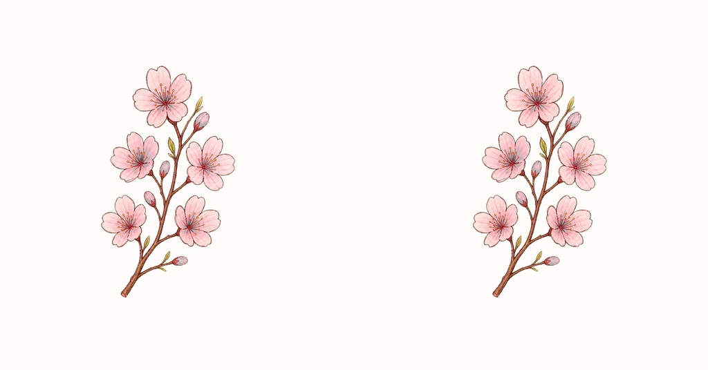 Two pink cherry blossom branches on a light cream background.