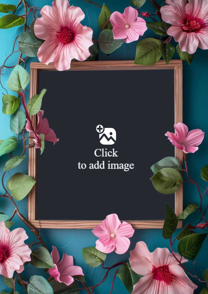 A wooden chalkboard frame surrounded by pink flowers and green leaves on a teal background.