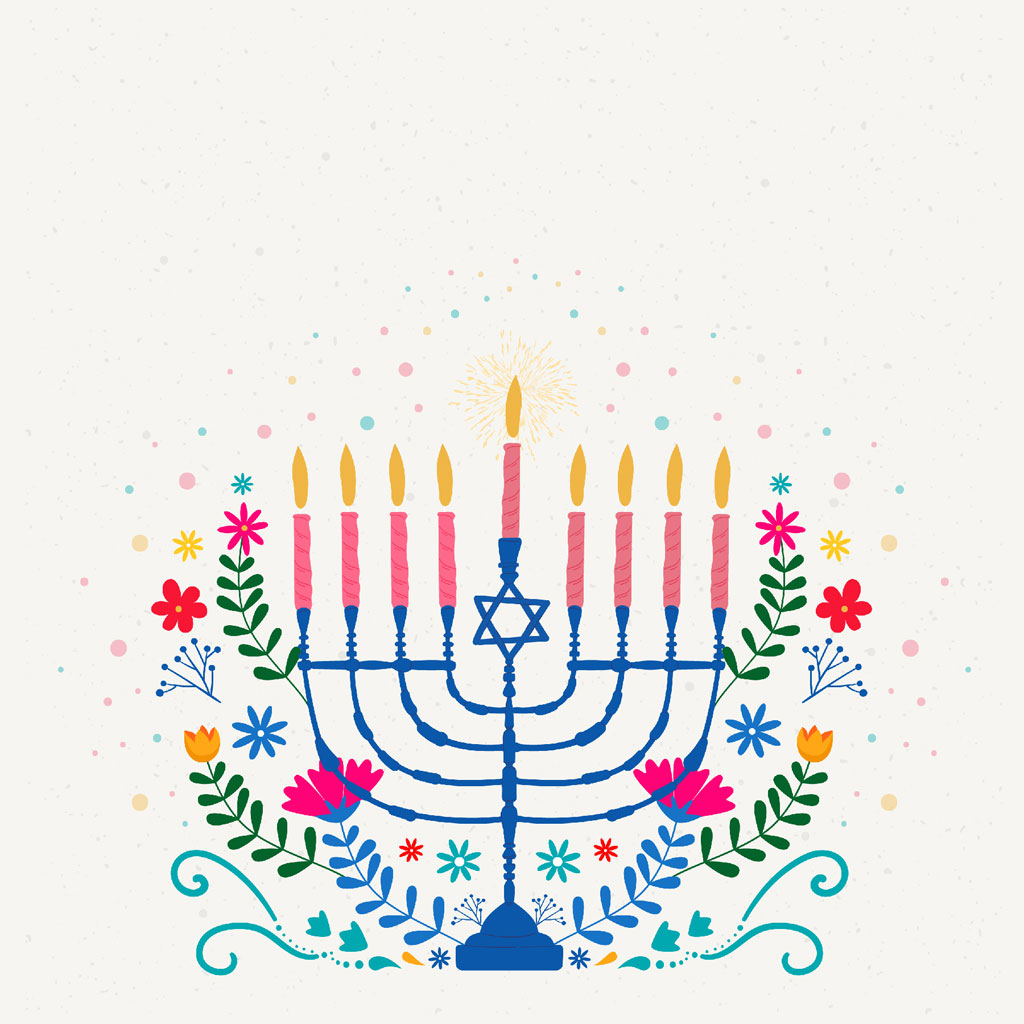 Happy Hanukkah image with a menorah and floral decorations