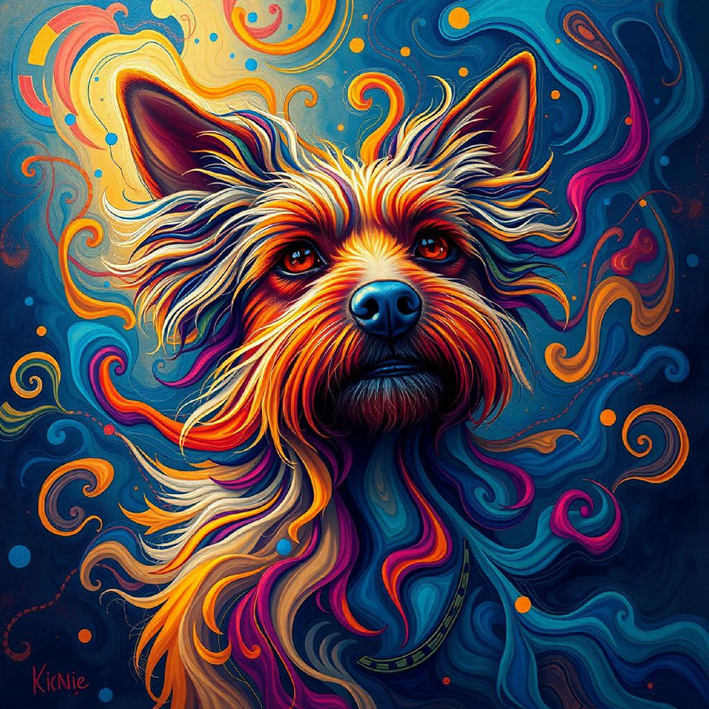 A woman's face surrounded by swirling, multicolored patterns and bold makeup.