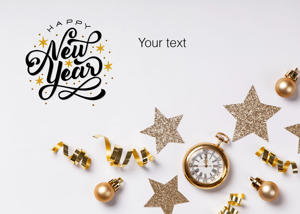 Happy New Year greeting with gold decorations and pocket watch