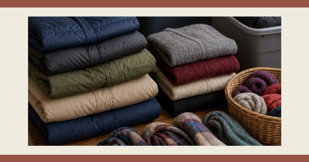 Stacks of folded winter coats, scarves, and knit hats in baskets and on shelves.