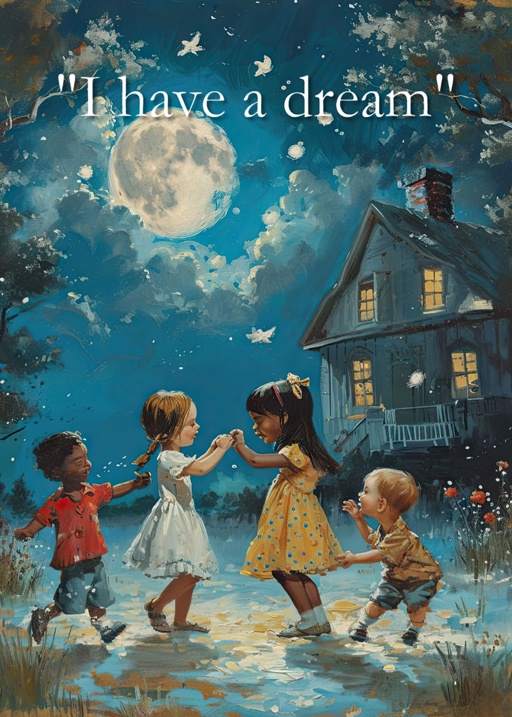 Four children holding hands and dancing in a circle under a full moon near a house.