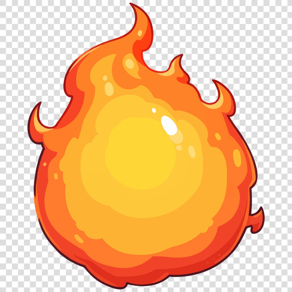 A cartoon fireball with vibrant orange and yellow colors
