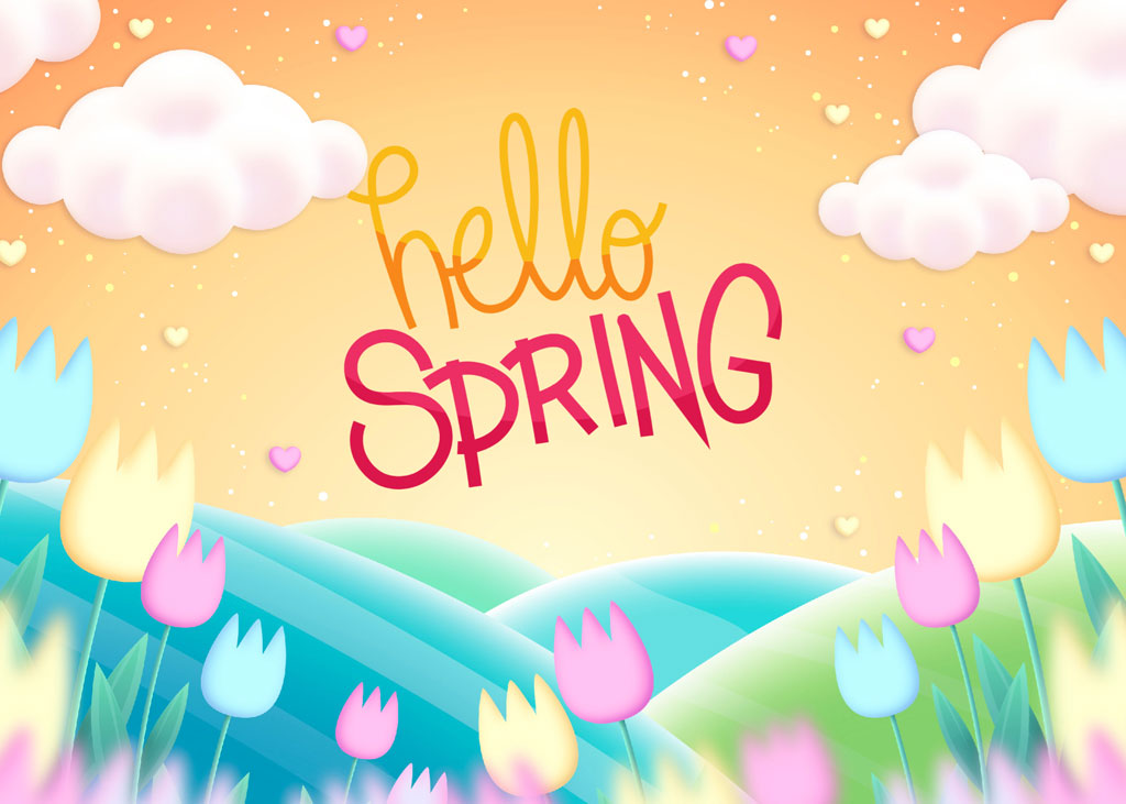 A cartoon landscape with pastel-colored tulips and the words 'hello SPRING' in the sky.