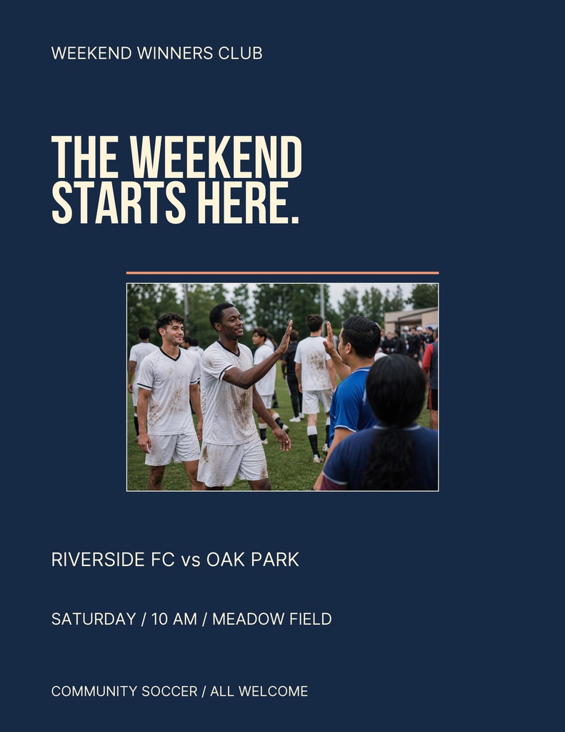 Portrait soccer flyer with navy background, bold headline, and a team photo in the center.