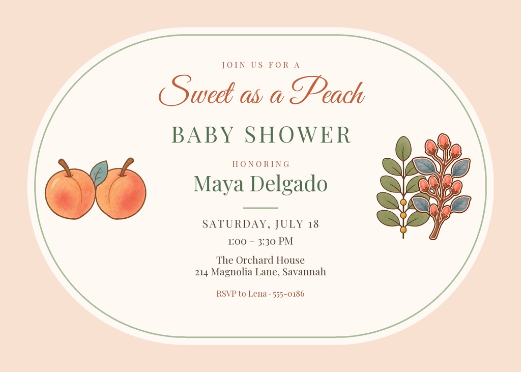 Preview for Sweet As A Peach Shower 7 × 5 Invitation Template