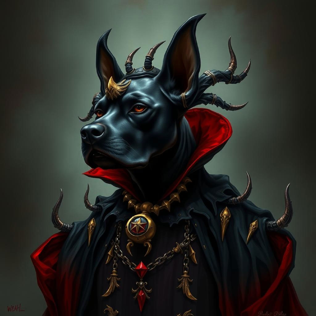 A dark fantasy female character with horns and wings