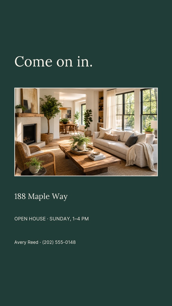 Portrait real estate story with a living room photo, address, open house time, and contact details.