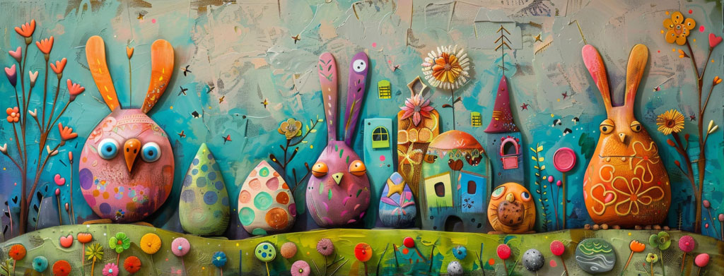 A colorful illustration of Easter eggs and bunnies in a village setting