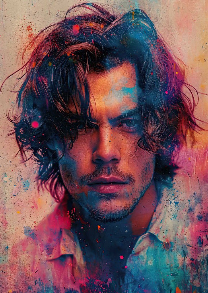 A man with wavy hair and a contemplative expression, surrounded by splatters of pink, blue, and orange paint.