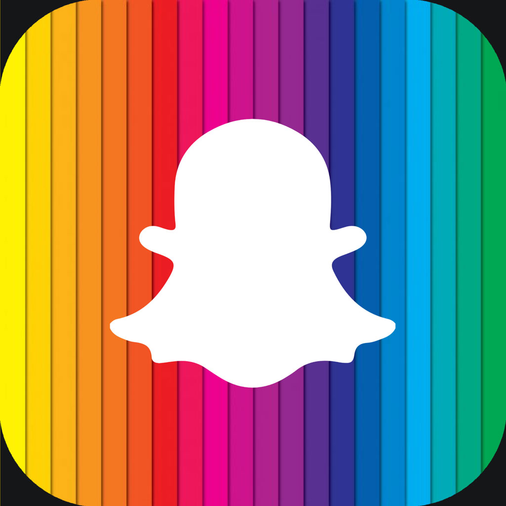Snapchat logo with a white ghost on a rainbow striped background