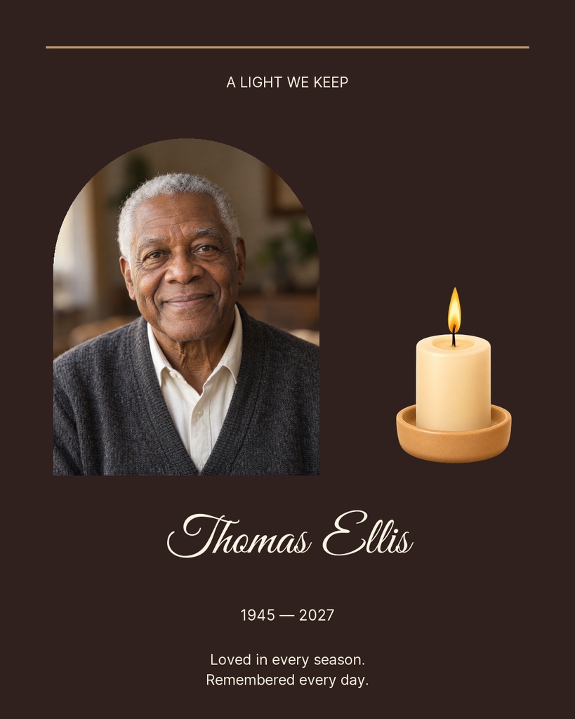 Memorial portrait post with an elderly man’s photo, candle, and the words A Light We Keep.
