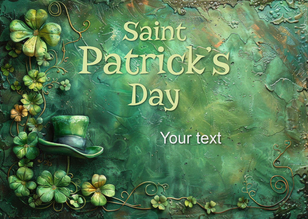 Saint Patrick's Day greeting card with green top hat and shamrocks