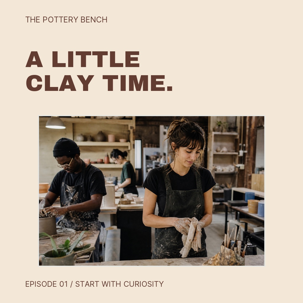 Square social post with pottery workshop photo, bold headline, and episode subtitle.
