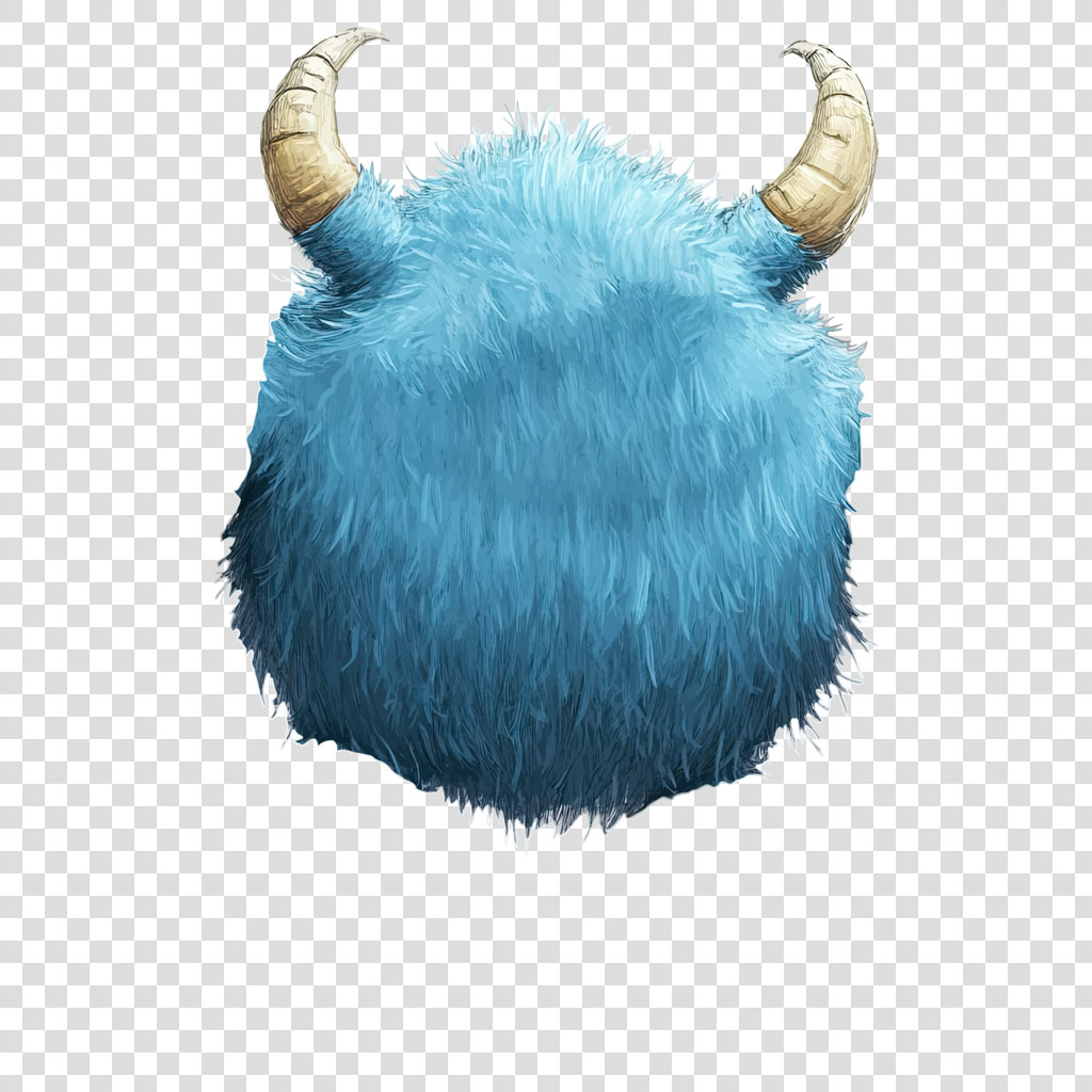 A blue, furry, horned monster against a white background