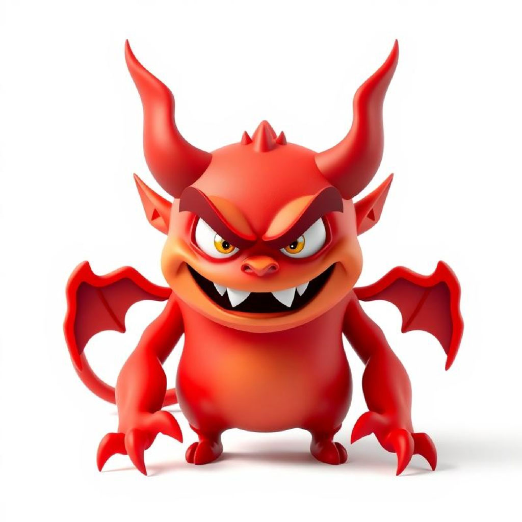 A red cartoon devil with horns and sharp teeth