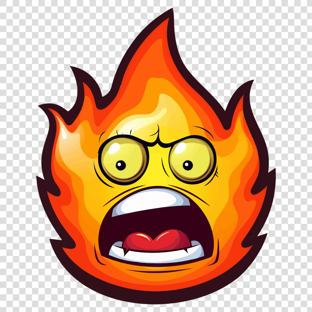 Cartoon flame character with a shocked expression and a heart in its mouth