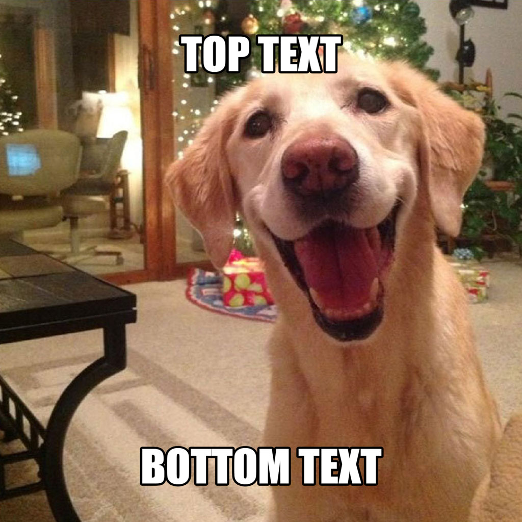 A golden retriever with a big smile in front of a decorated Christmas tree