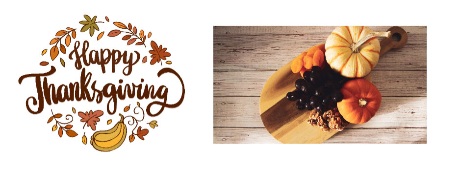 Thanksgiving greeting with fall elements and a photo of pumpkins and grapes on a wooden table