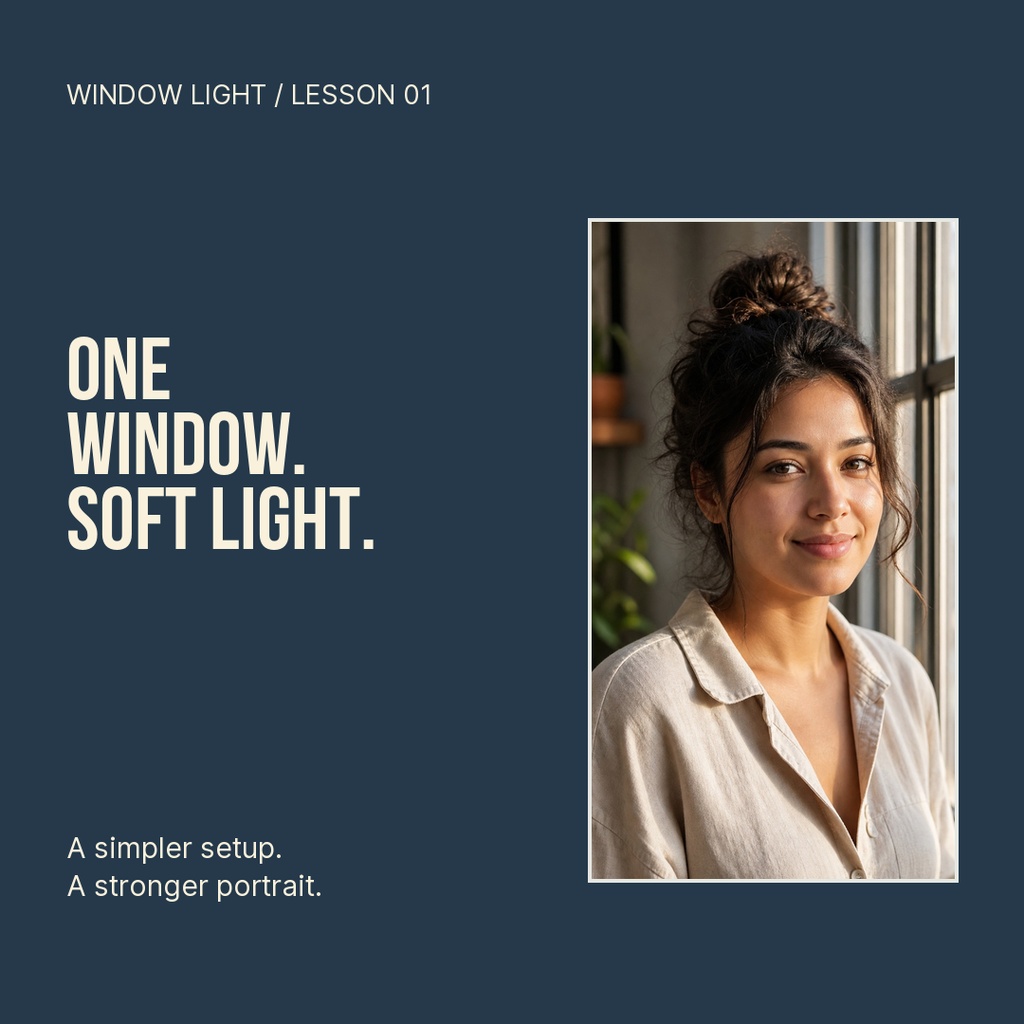 Square post template with a portrait photo beside bold text about soft window light.