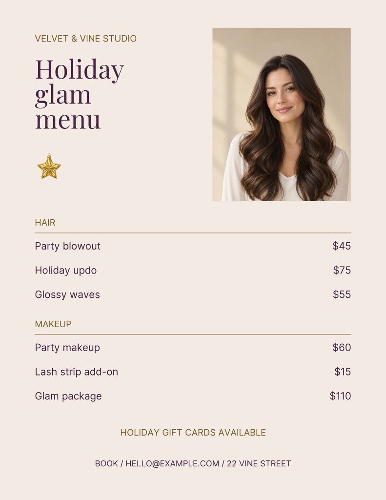 Portrait salon price list with holiday glam services and a woman’s photo on a beige background.