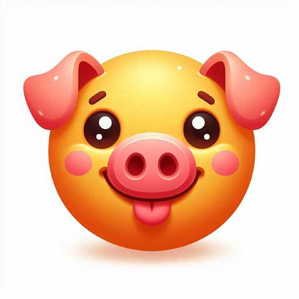 A happy cartoon pig with large eyes and a wide smile