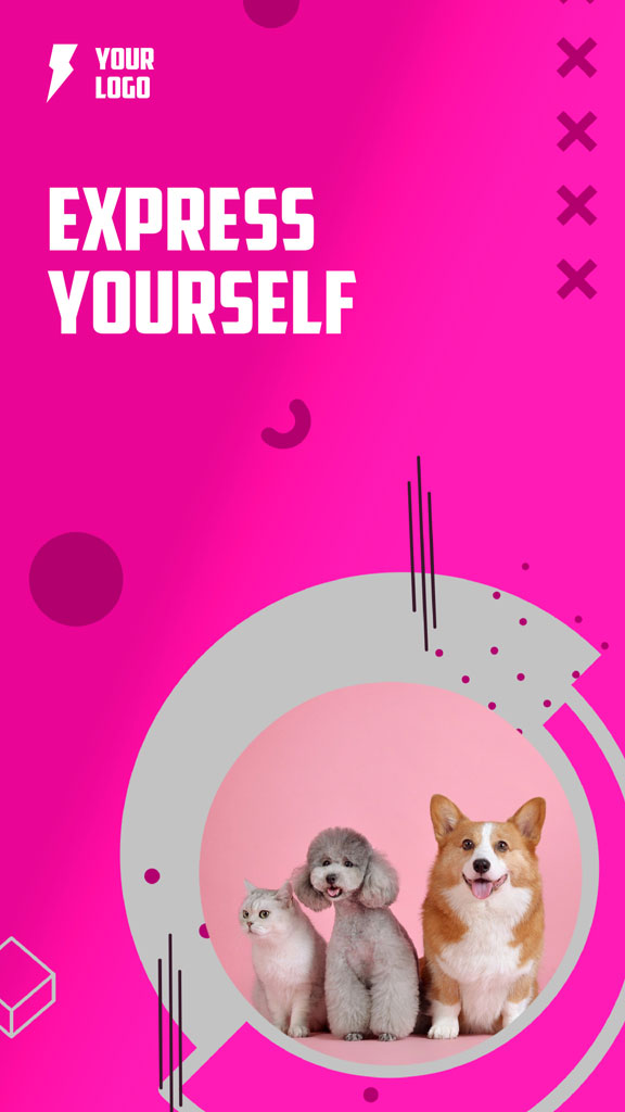 Template with three pets: two poodles and a corgi.