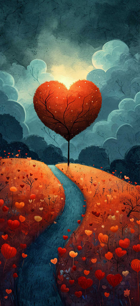 A digital artwork depicting a heart-shaped tree with a winding path and heart-shaped foliage.