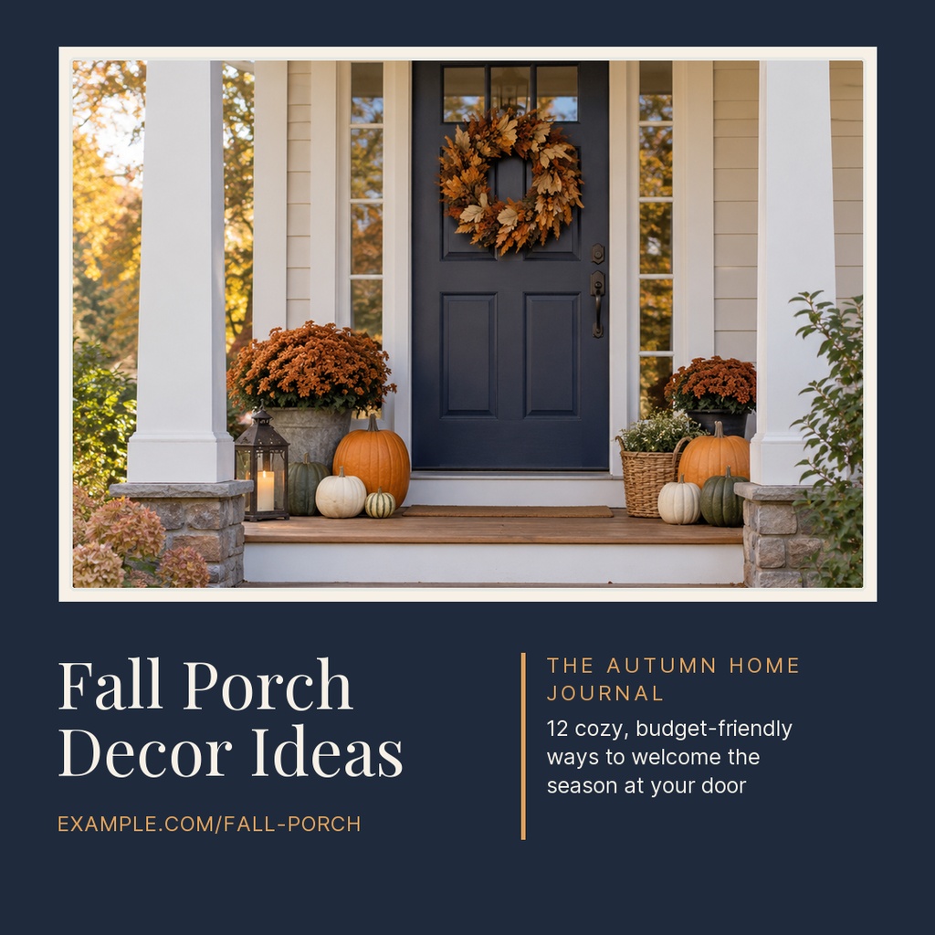 Square post design with a decorated front porch, pumpkins, wreath, and fall text layout.