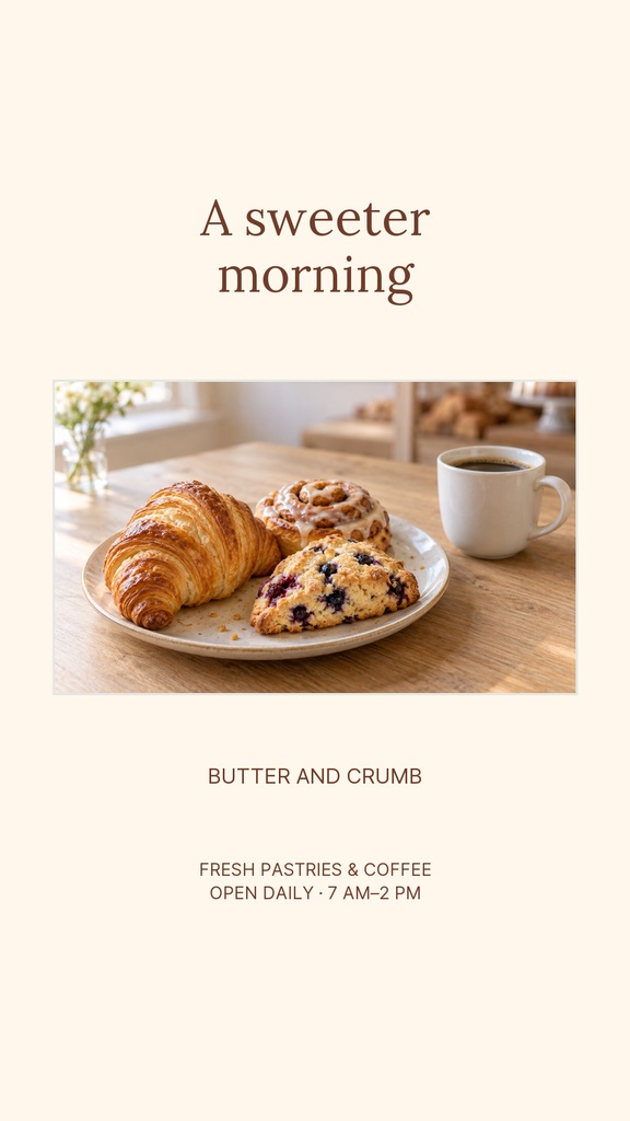 Minimal Instagram story with pastries, a coffee cup, and the title Butter and Crumb
