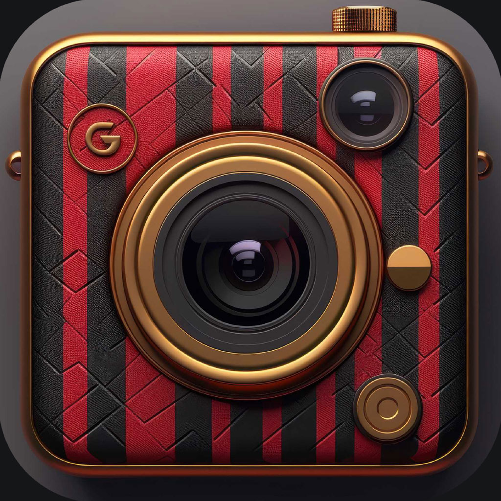 Luxury camera icon with gold accents and red and black stripes