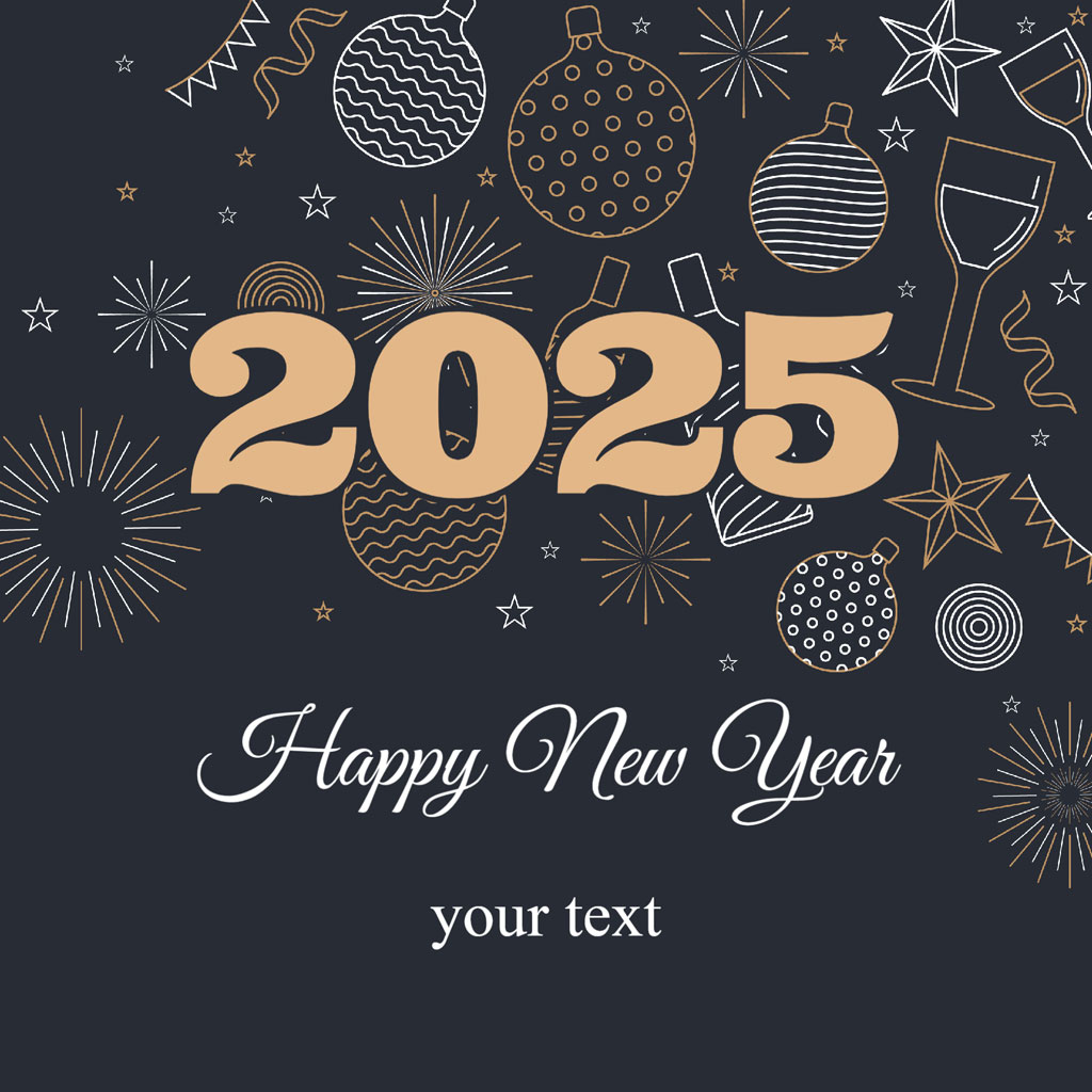 Happy New Year 2025 greeting card with fireworks and ornaments