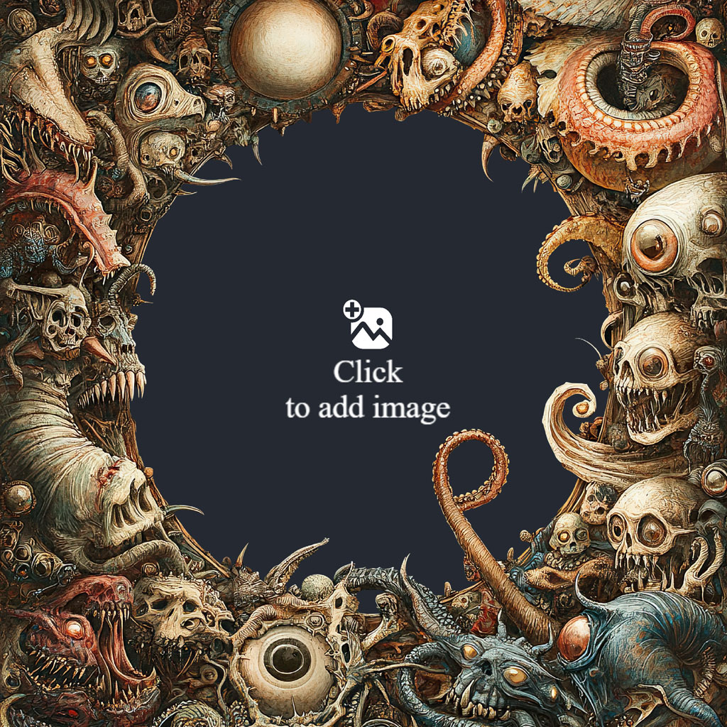 A dark fantasy artwork with a frame of skulls and creatures around a black background.